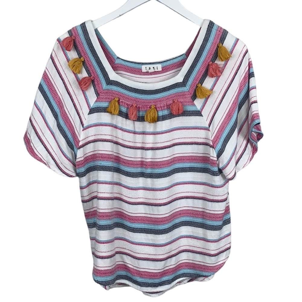 THML Striped Tassel Square Neck Boho Loose Sleeve Top Size Small